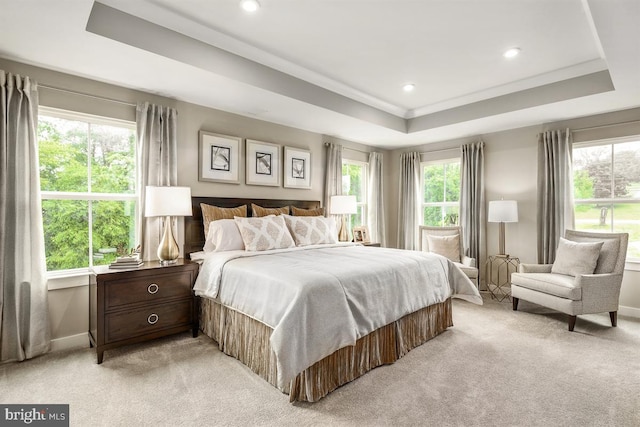 bedroom with a raised ceiling, multiple windows, and light carpet