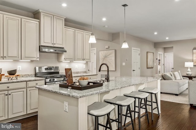 kitchen with gas stove, light stone countertops, sink, pendant lighting, and a center island with sink