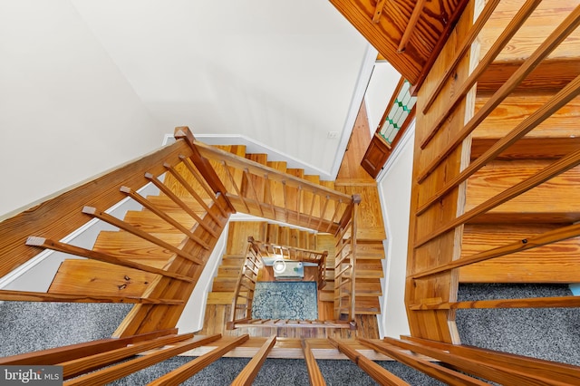 stairway with carpet floors and wooden walls