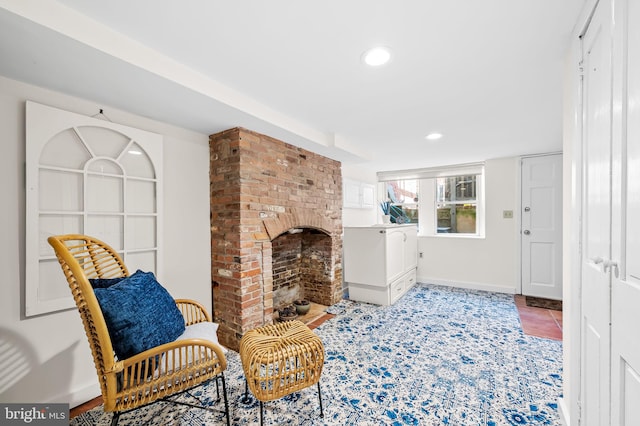 living room featuring a fireplace