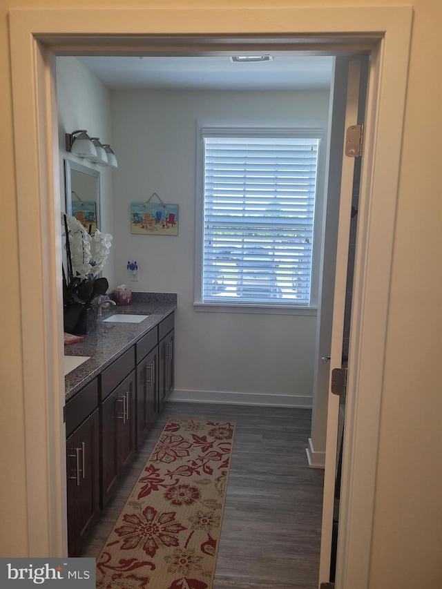 bathroom with hardwood / wood-style floors and vanity