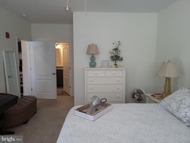 bedroom featuring light carpet and connected bathroom