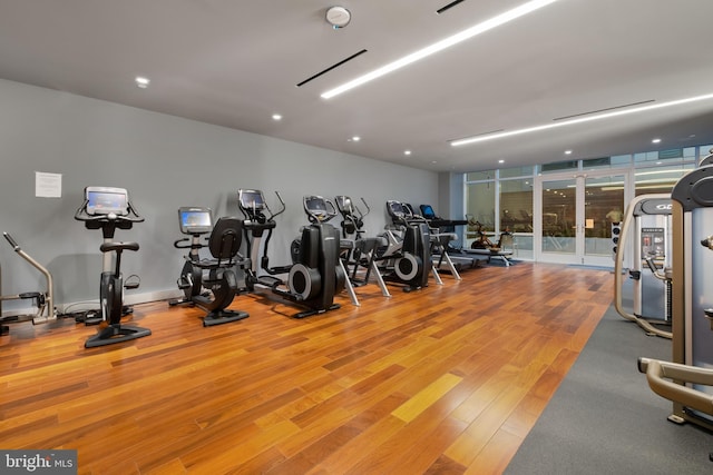 workout area featuring a wall of windows and light wood-type flooring