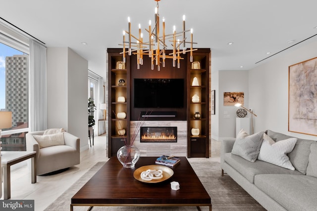 living room with a chandelier