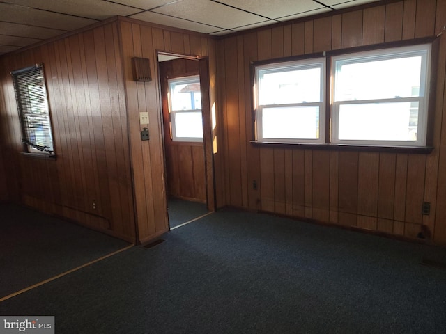 spare room with plenty of natural light, dark carpet, and wooden walls