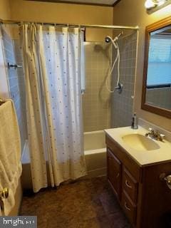 bathroom with vanity and shower / bath combination with curtain