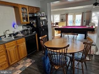 kitchen with dishwasher, billiards, dark hardwood / wood-style floors, and sink