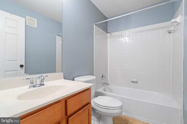 full bathroom with tile patterned flooring, vanity, toilet, and washtub / shower combination