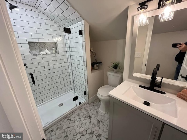 bathroom with toilet, vaulted ceiling, tile patterned flooring, a shower with door, and vanity