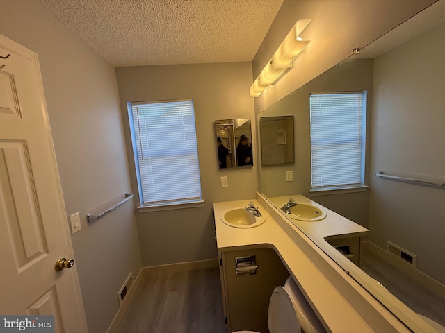 bathroom featuring vanity, wood-type flooring, and a textured ceiling