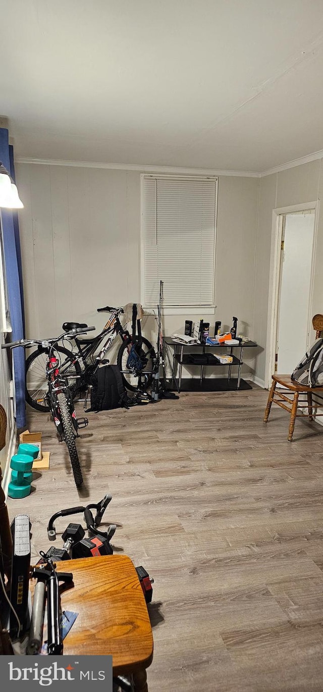 workout room with wood-type flooring