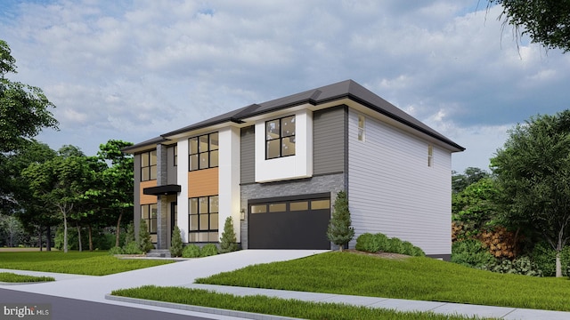 contemporary home with a garage, driveway, and a front lawn