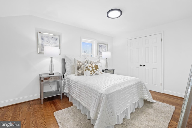 bedroom with wood-type flooring and a closet