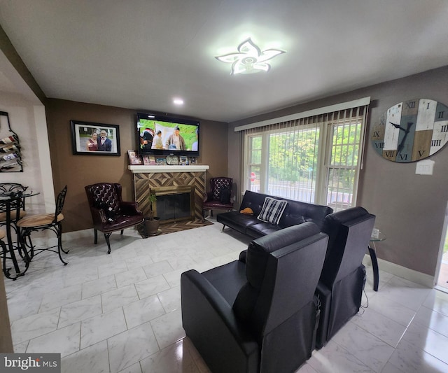 living room with a fireplace