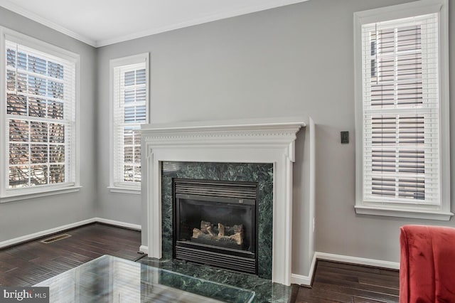 details with a high end fireplace, ornamental molding, and hardwood / wood-style flooring