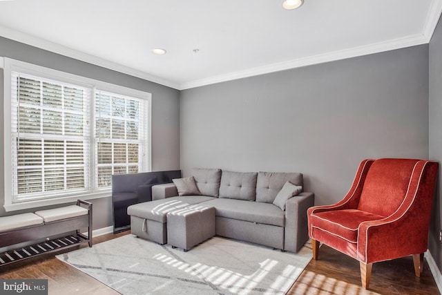 living room with crown molding and hardwood / wood-style floors