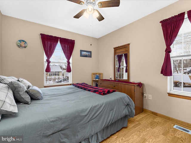 bedroom with ceiling fan and light wood-type flooring