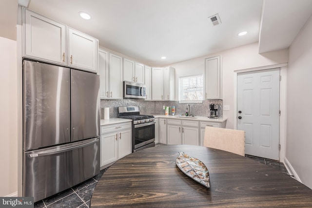 kitchen with backsplash, sink, white cabinets, and appliances with stainless steel finishes