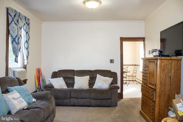 carpeted living room featuring crown molding