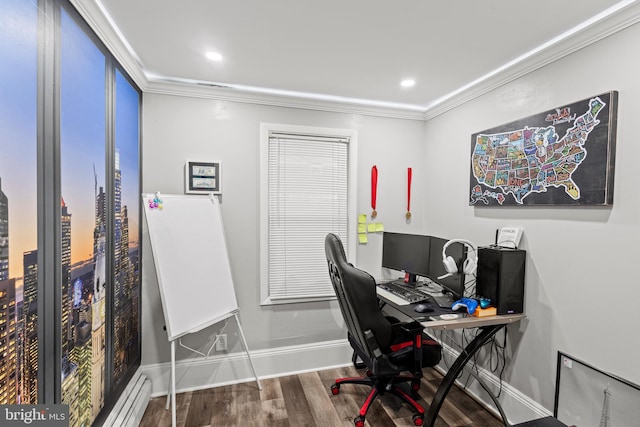 office space with hardwood / wood-style floors and crown molding