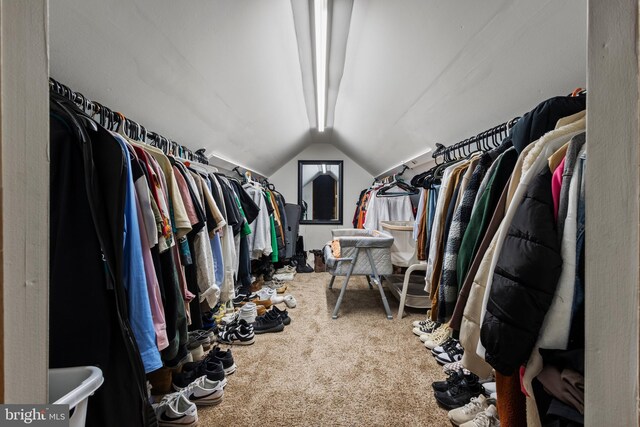 walk in closet with carpet flooring and vaulted ceiling