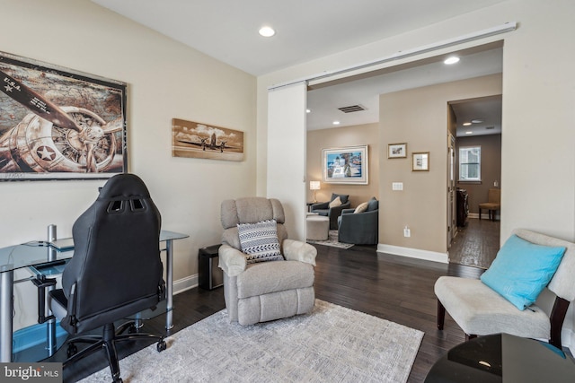 home office featuring dark hardwood / wood-style floors