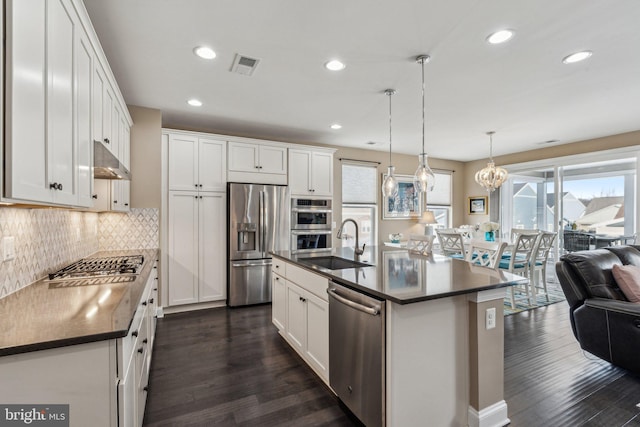 kitchen with hanging light fixtures, white cabinets, stainless steel appliances, and a center island with sink