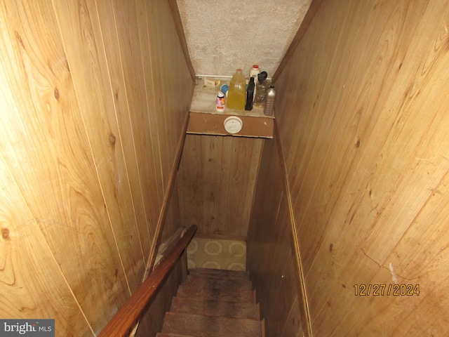 staircase with wood walls