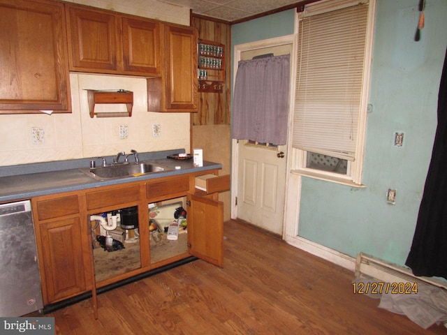 kitchen featuring stainless steel dishwasher, sink, and dark wood-type flooring