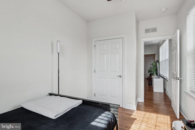 bedroom featuring multiple windows and light wood-type flooring