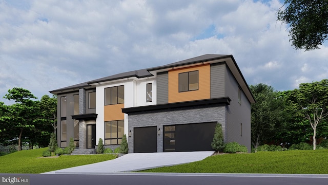 contemporary home with stone siding, concrete driveway, a front lawn, and an attached garage