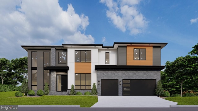 contemporary home with a front lawn, driveway, stone siding, and a garage
