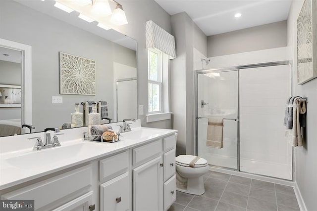 bathroom featuring tile patterned floors, toilet, an enclosed shower, and vanity