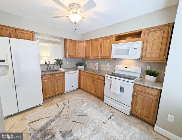 kitchen with ceiling fan, sink, white appliances, and backsplash