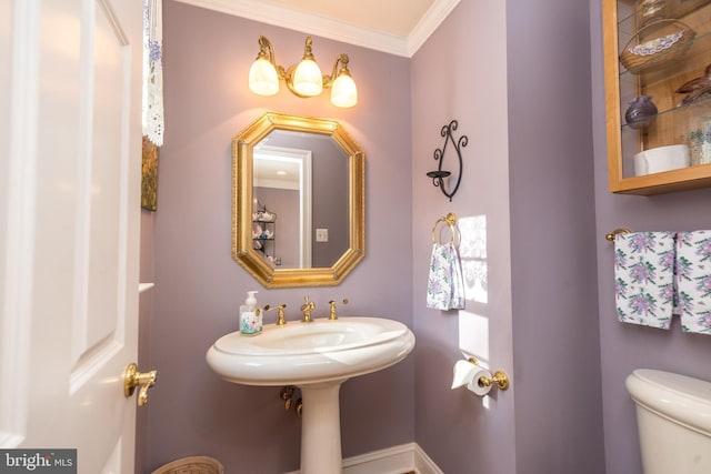 bathroom featuring ornamental molding and toilet