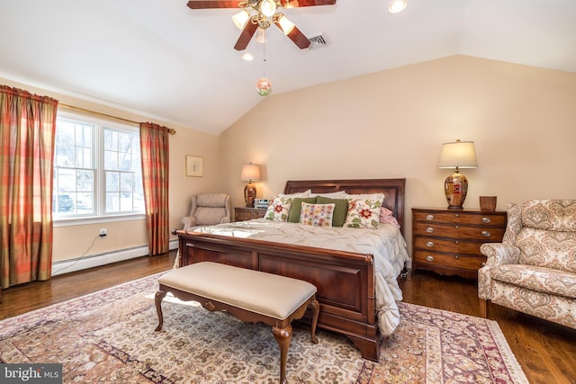 bedroom featuring dark wood-type flooring, ceiling fan, lofted ceiling, and a baseboard heating unit