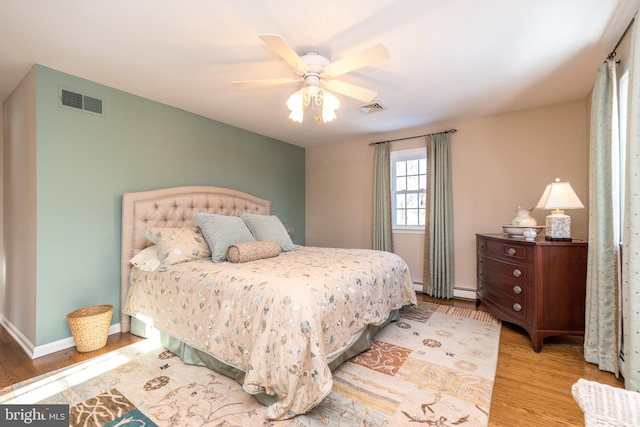 bedroom with ceiling fan and light wood-type flooring