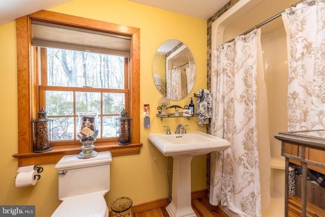 bathroom featuring wood-type flooring and toilet