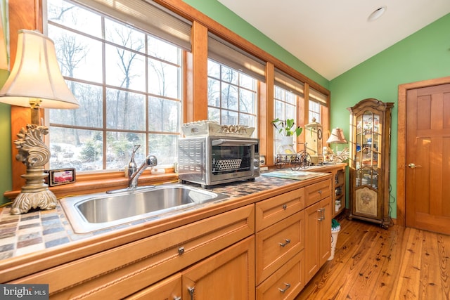 kitchen featuring light hardwood / wood-style flooring, sink, vaulted ceiling, and a healthy amount of sunlight