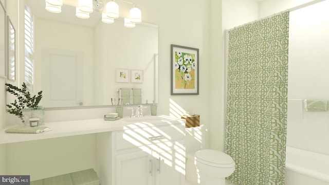 full bathroom with vanity, toilet, a chandelier, and shower / tub combo