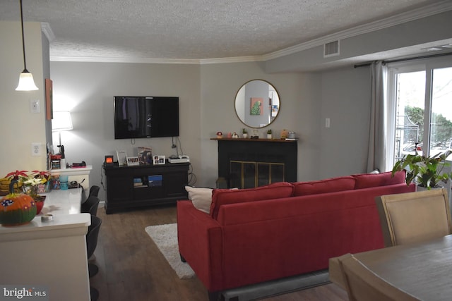 living room with ornamental molding, a textured ceiling, and dark wood-type flooring