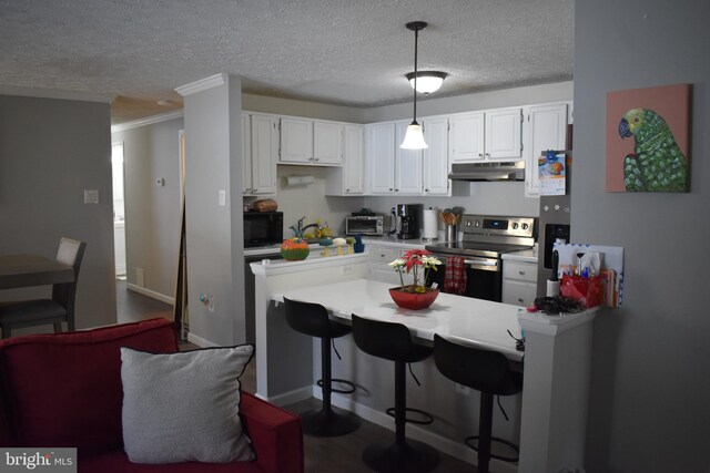 kitchen with white cabinets, stainless steel electric range, pendant lighting, and crown molding