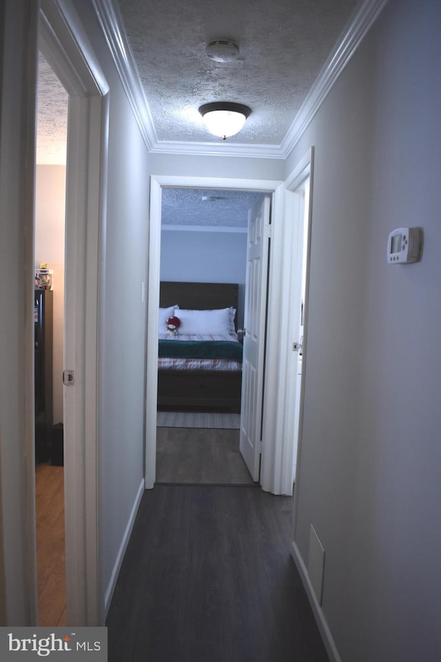 hallway with ornamental molding, a textured ceiling, and dark wood-type flooring