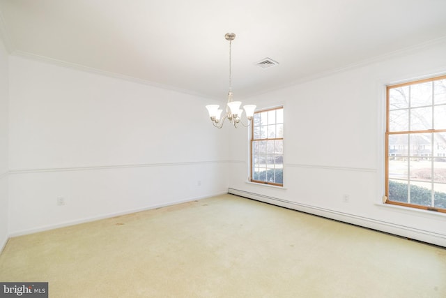 carpeted spare room with a baseboard radiator, a notable chandelier, and ornamental molding