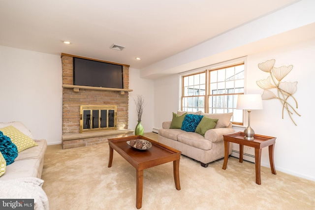 carpeted living room with a fireplace and a baseboard radiator