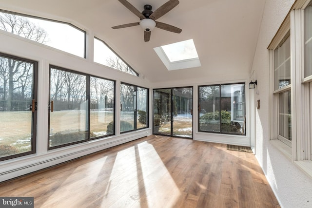 unfurnished sunroom with a baseboard heating unit, plenty of natural light, ceiling fan, and lofted ceiling with skylight