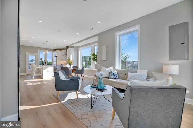 living room featuring french doors, light wood-type flooring, and electric panel