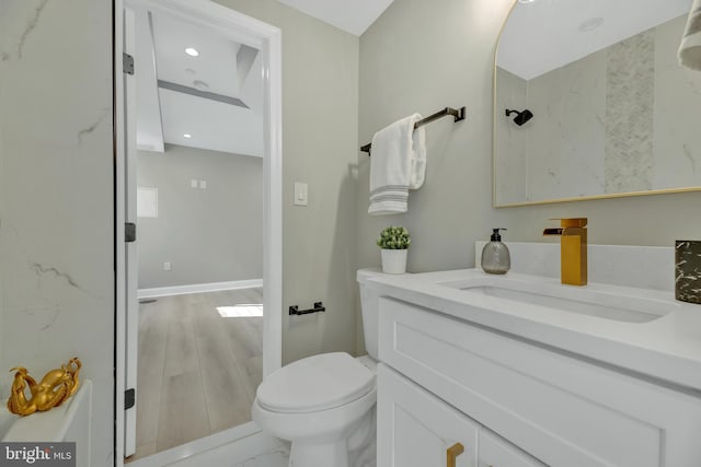 bathroom featuring vanity, wood-type flooring, and toilet