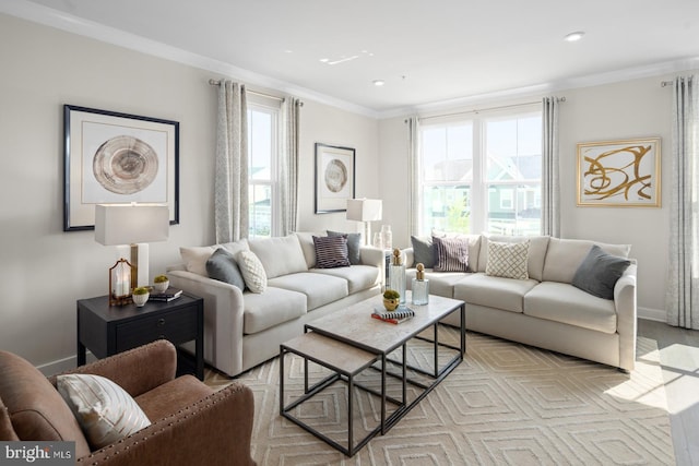 living room featuring crown molding and light wood-type flooring