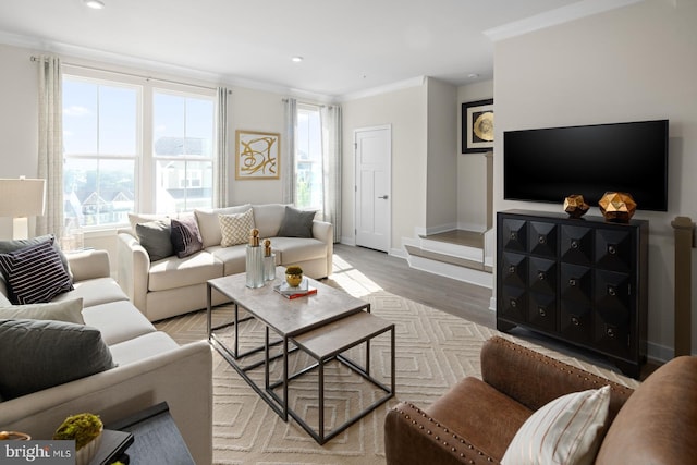 living room featuring crown molding, light hardwood / wood-style flooring, and a wealth of natural light